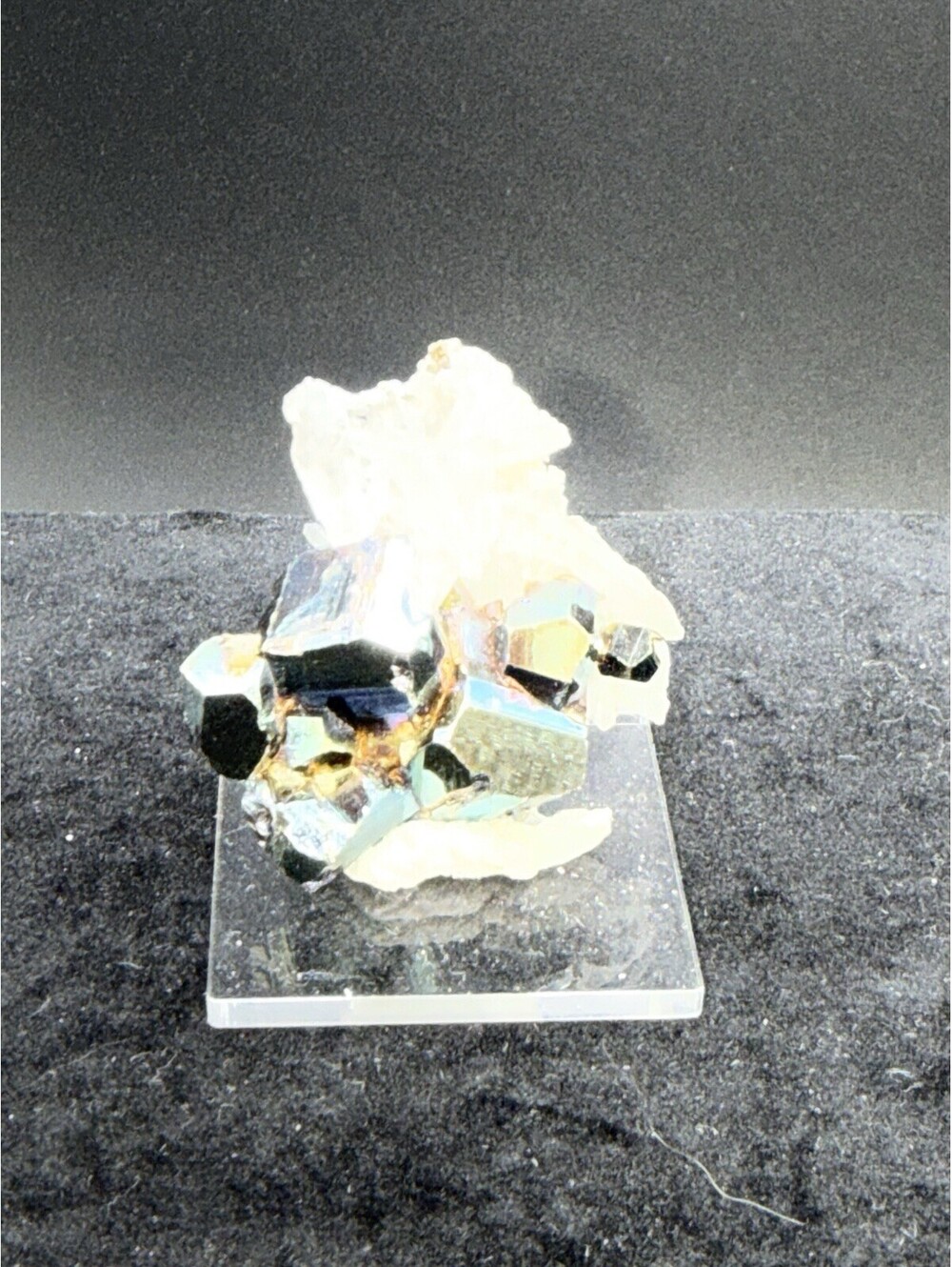 Naturally Iridescent Pyrite on Quartz Crystal Mineral Specimen Indonesia